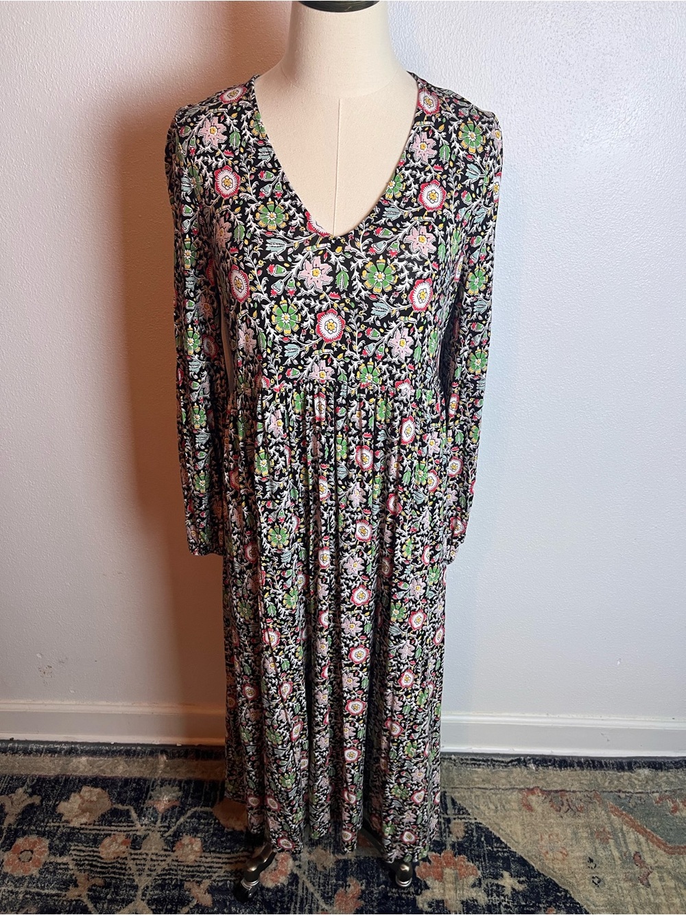 Boden Black Floral V-Neck Long Sleeve Maxi Dress with Pink and Green Accents